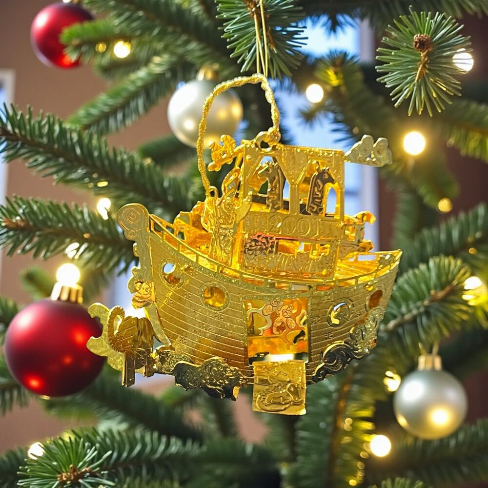 Danbury Mint Noahs Ark 2001 Gold Tone Metal Christmas Ornament Vintage Animals
